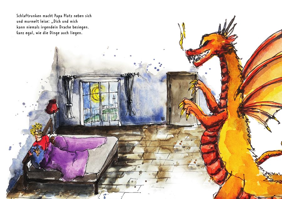 Nimmerbös – Doppelseite: Der Drache am Bett